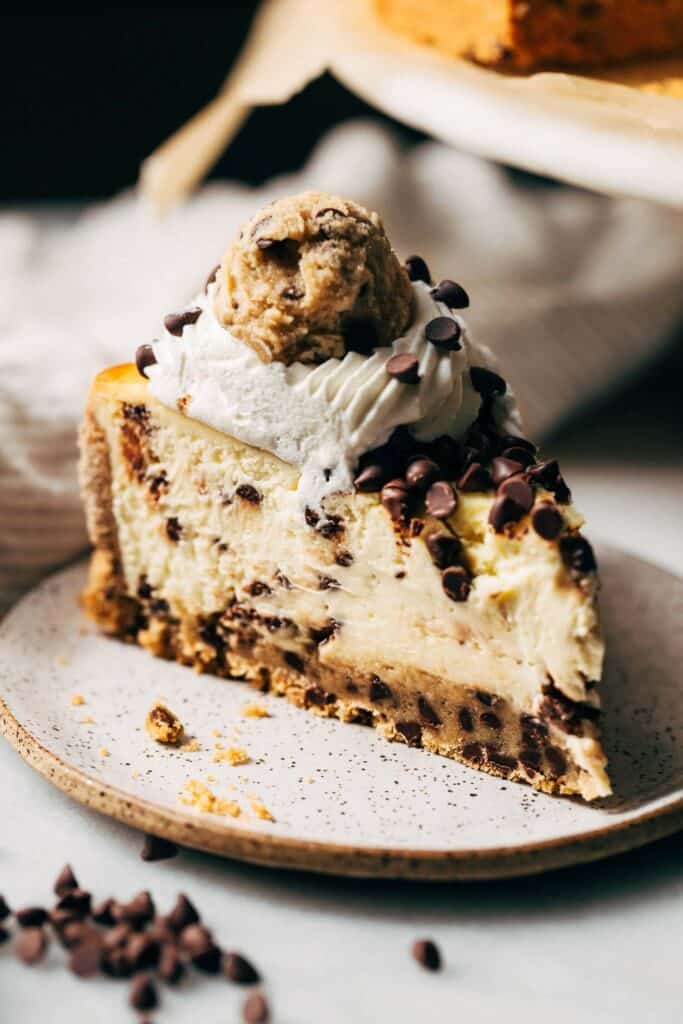 a slice of cookie dough cheesecake