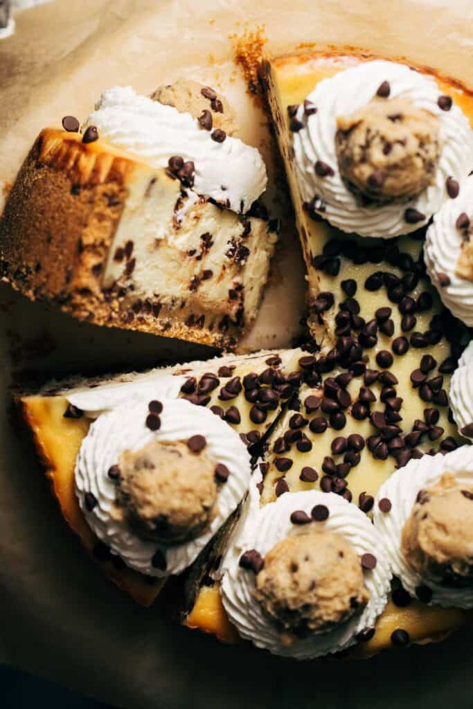 the top of a sliced cookie dough cheesecake