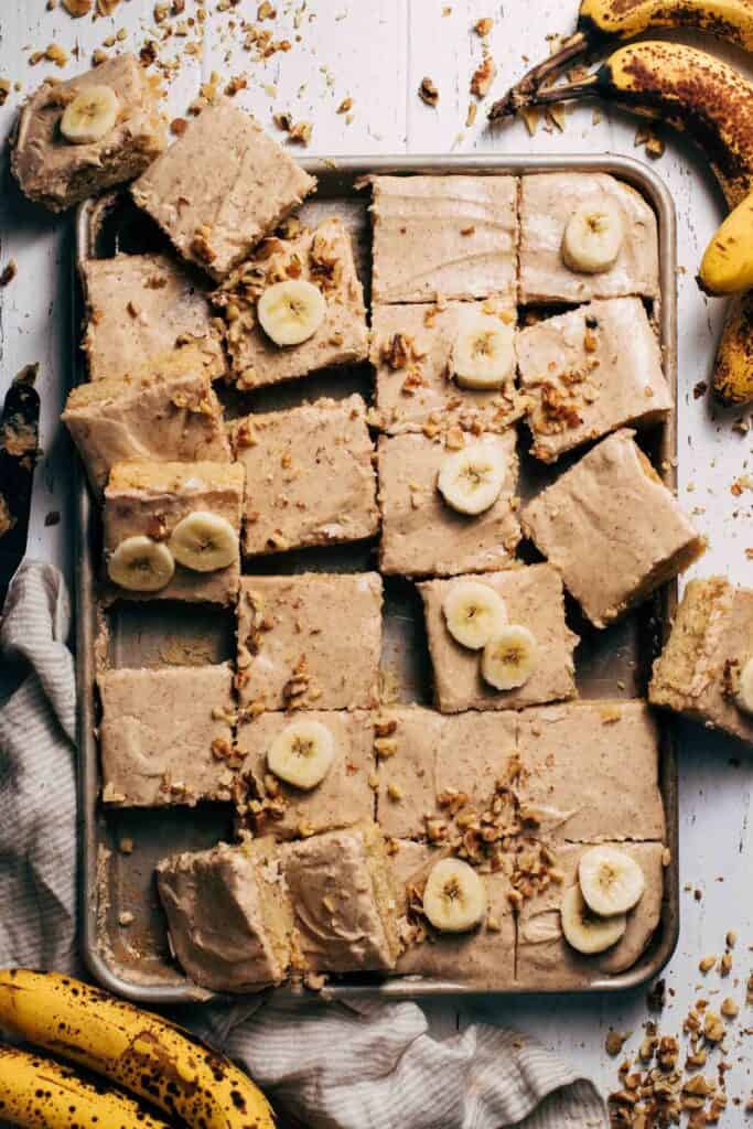 banana bread bars sliced in a pan