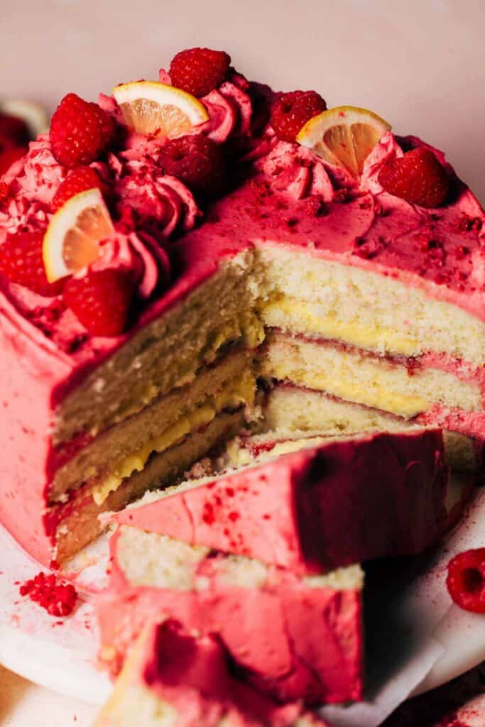 inside a sliced lemon raspberry cake