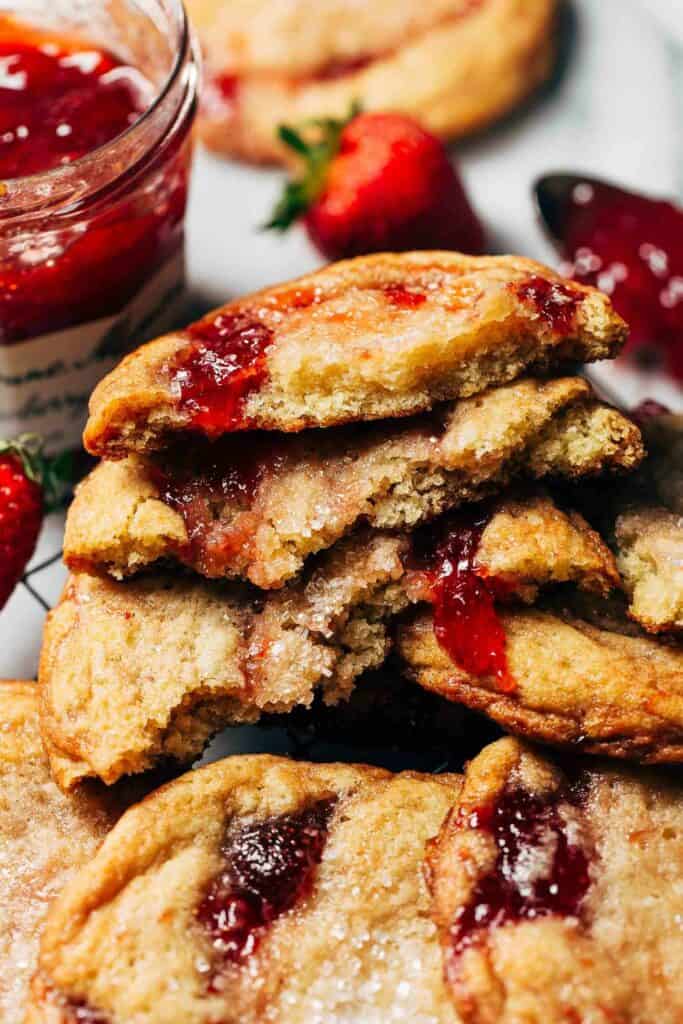 a stack of strawberry jam cookies