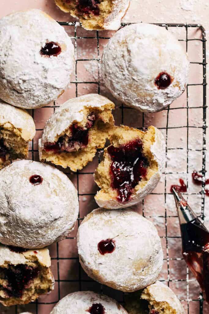 a jelly donut muffin split in half