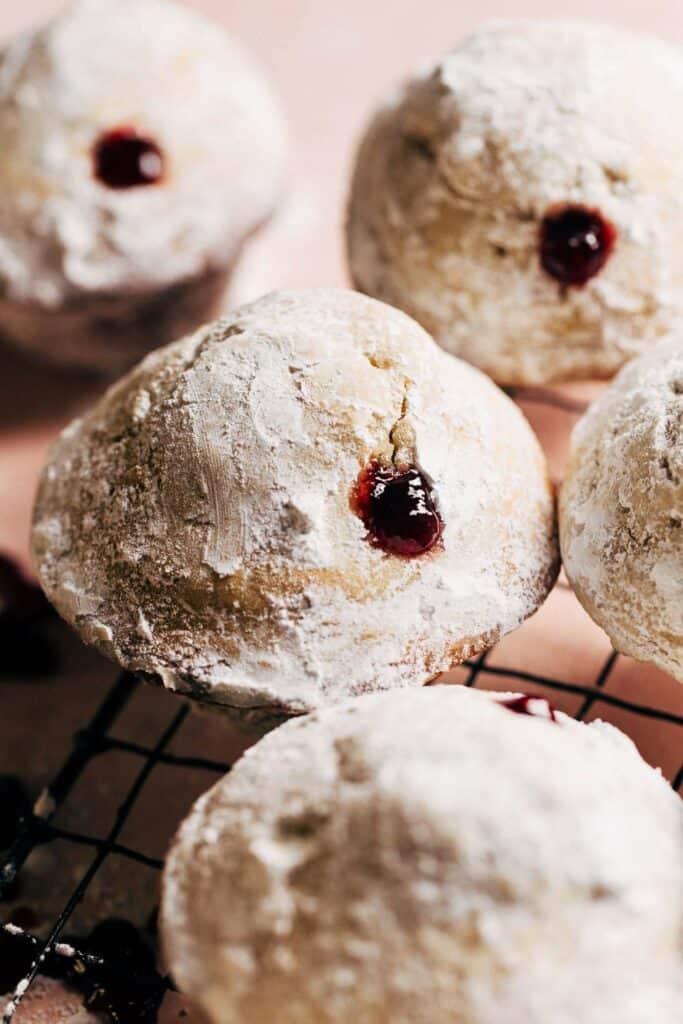 close up on a donut muffin injected with jelly