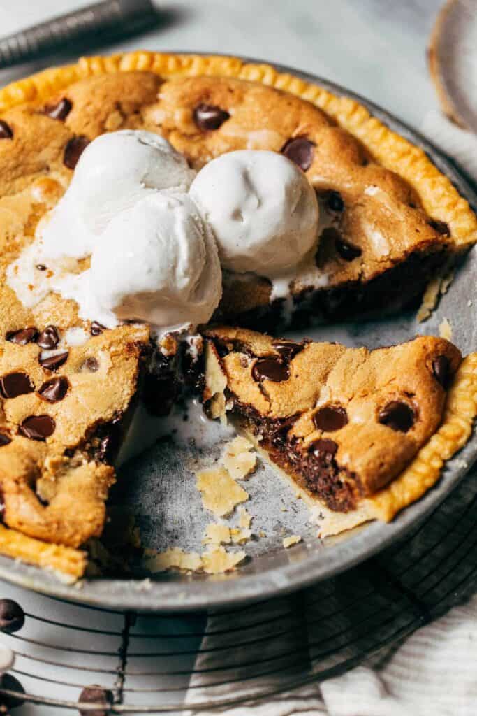 inside a sliced peanut butter cookie pie