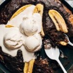 a chocolate banana skillet cake with ice cream on top