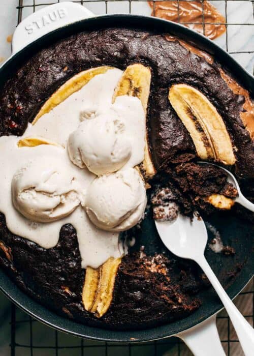 a chocolate banana skillet cake with ice cream on top