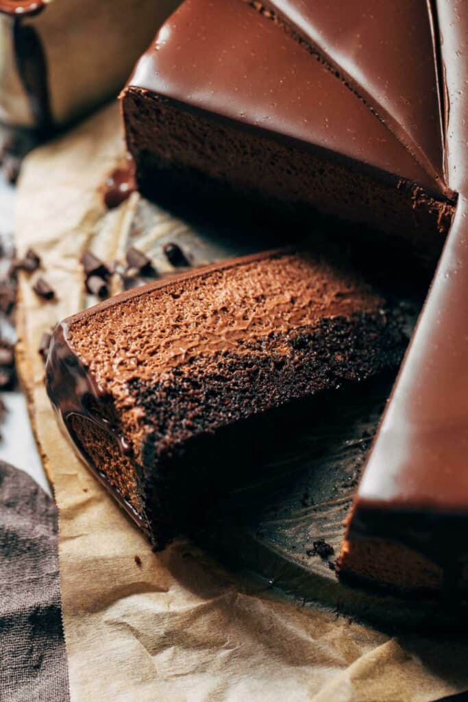 a slice of chocolate mousse cake on its side