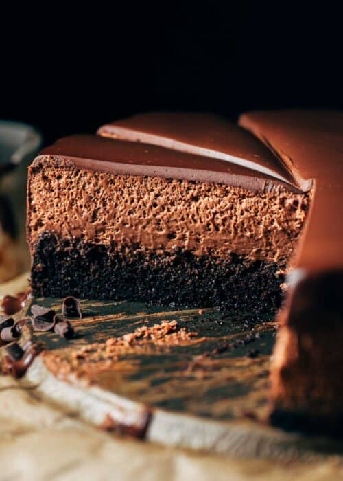 close up on a slice of chocolate mousse cake