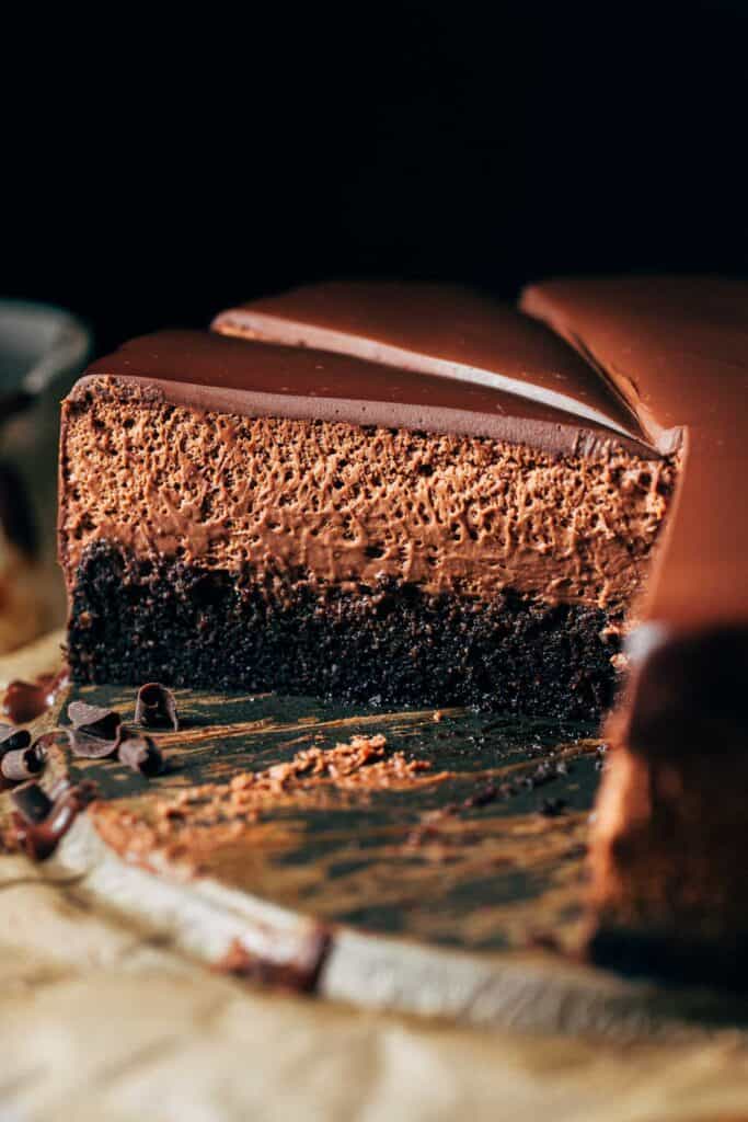 close up on a slice of chocolate mousse cake