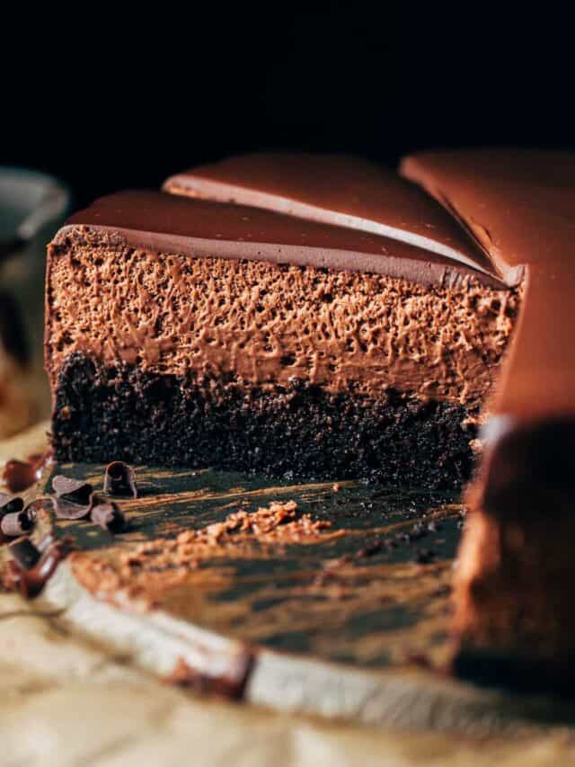 close up on a slice of chocolate mousse cake