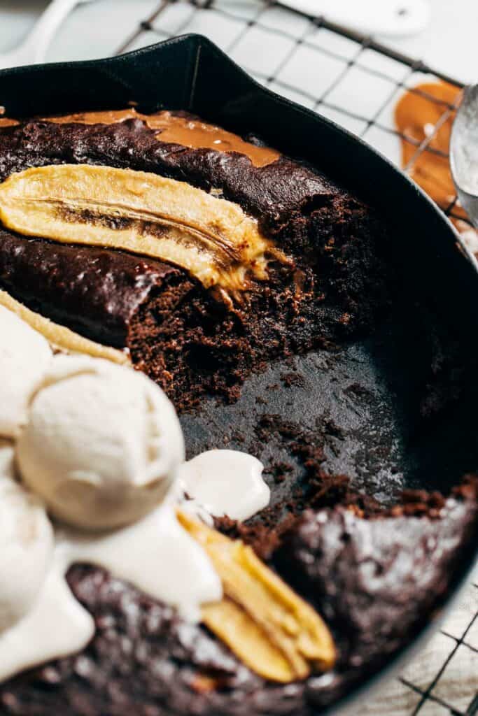 inside a moist chocolate banana skillet cake