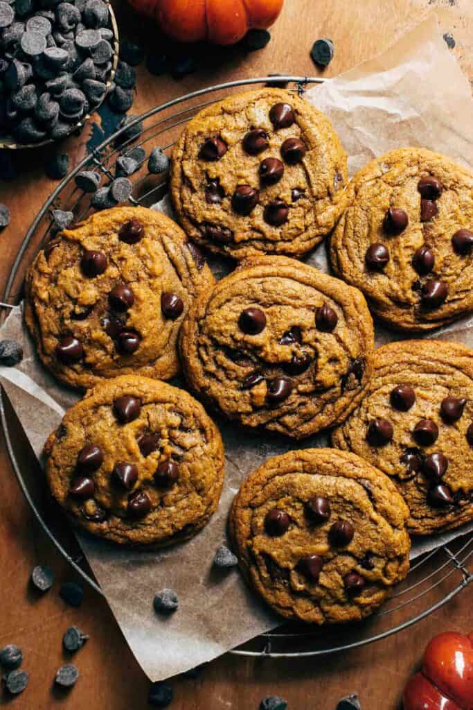 pumpkin chocolate chip cookies on a cooling rack