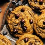 close up on a rich pumpkin chocolate chip cookie