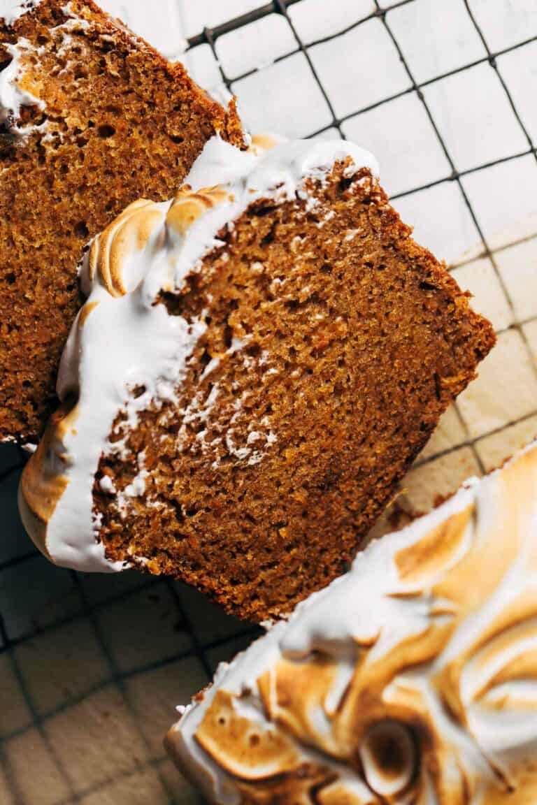 showing the moist texture of a slice of sweet potato bread