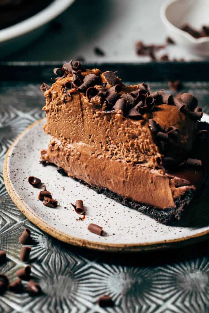double chocolate cream pie slice on a plate