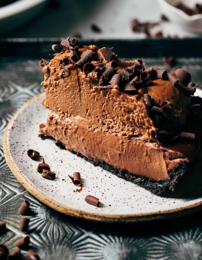double chocolate cream pie slice on a plate