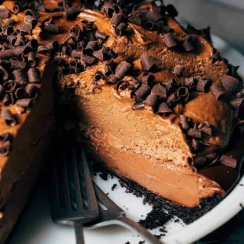 inside a sliced chocolate pie with a chocolate filling and chocolate mousse topping