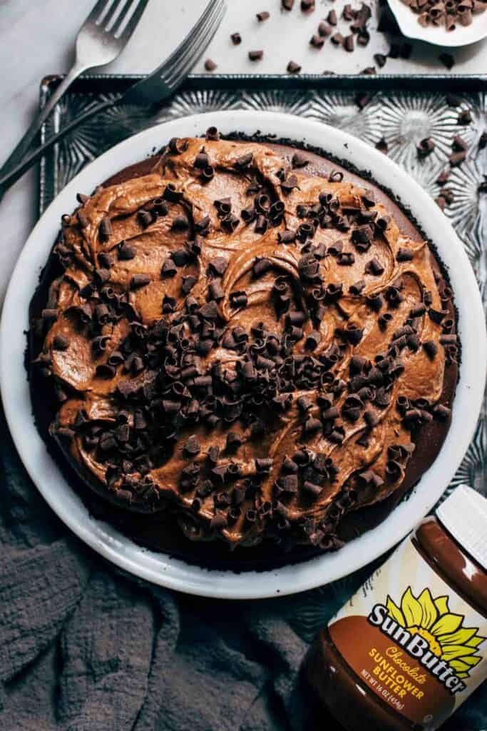 the top of a double chocolate cream pie with chocolate mousse and chocolate curls