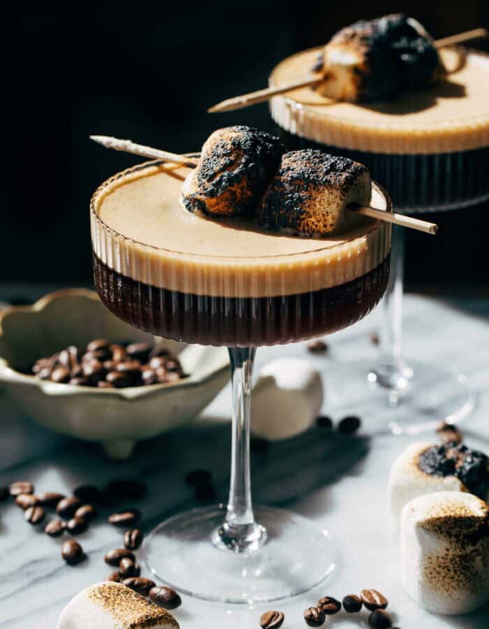 toasted marshmallows on top of an espresso martini