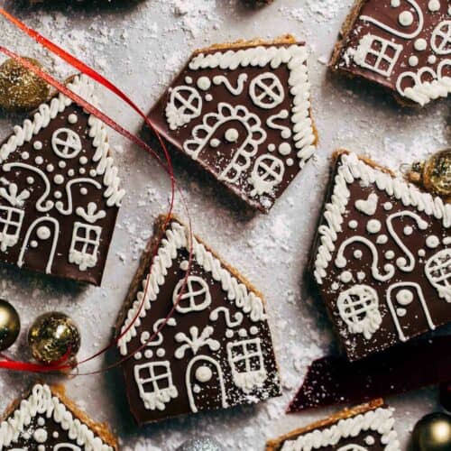 the tops of decorated gingerbread house marshmallow treats