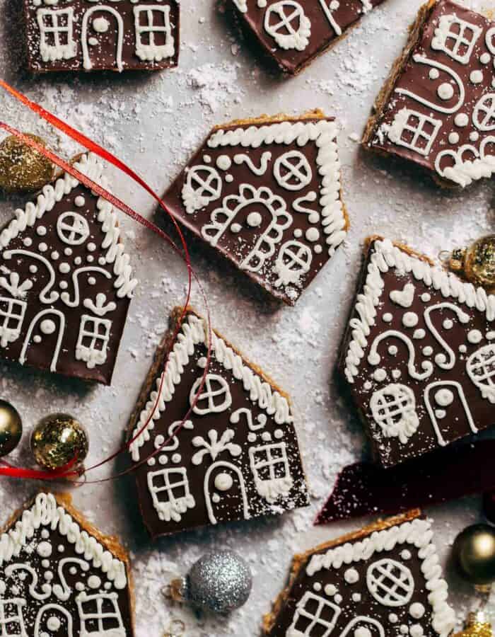 the tops of decorated gingerbread house marshmallow treats