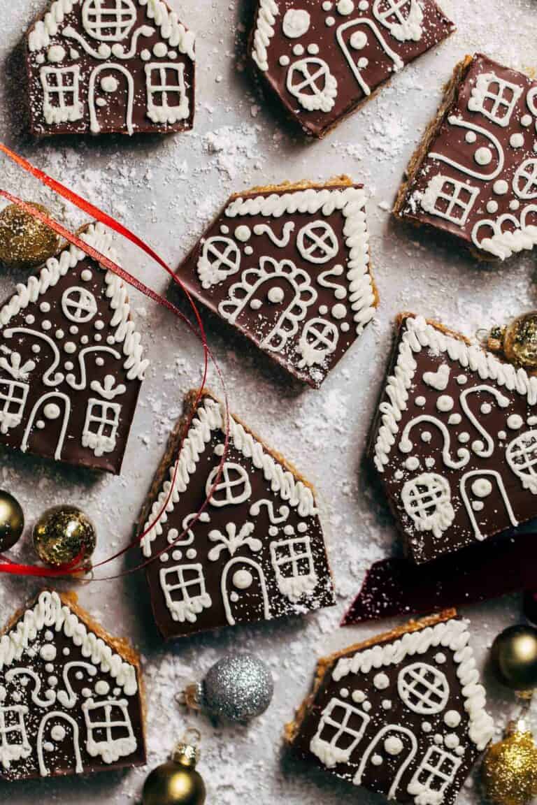 the tops of decorated gingerbread house marshmallow treats