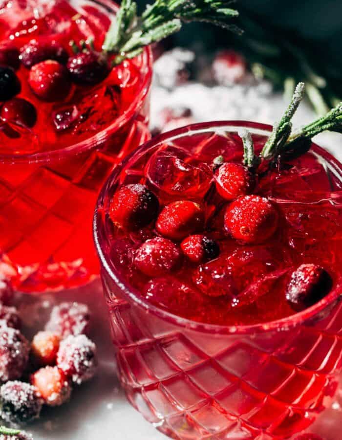 the top of a cranberry limoncello spritz garnished with cranberries