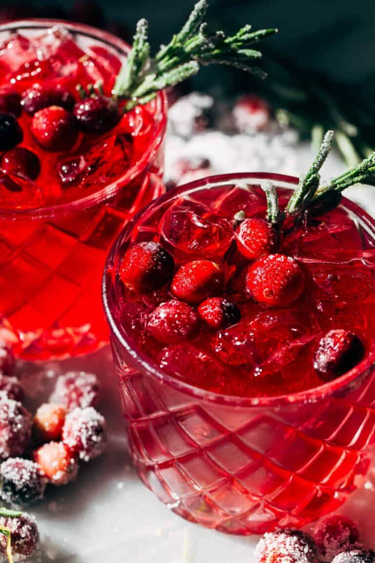 the top of a cranberry limoncello spritz garnished with cranberries