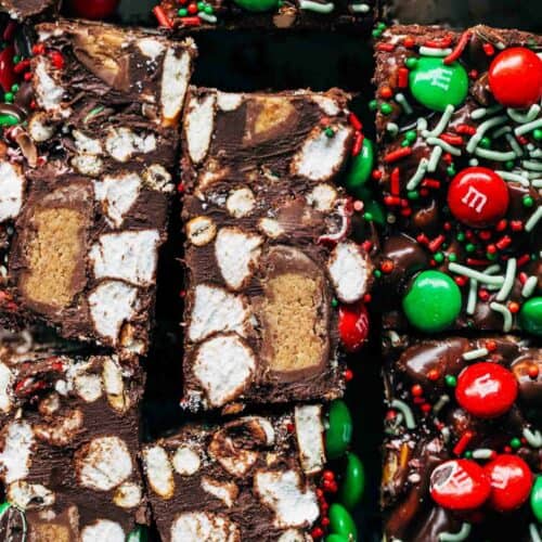 close up on sliced rocky road bars stuffed with peanut butter cups