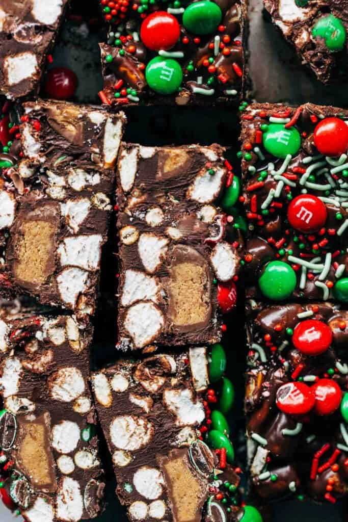 close up on sliced rocky road bars stuffed with peanut butter cups