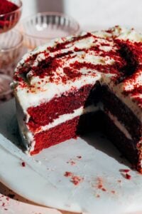 inside a sliced red velvet cake made without food dye