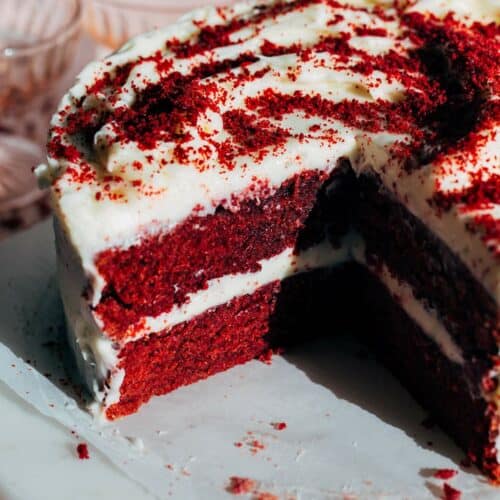 inside a sliced red velvet cake made without food dye