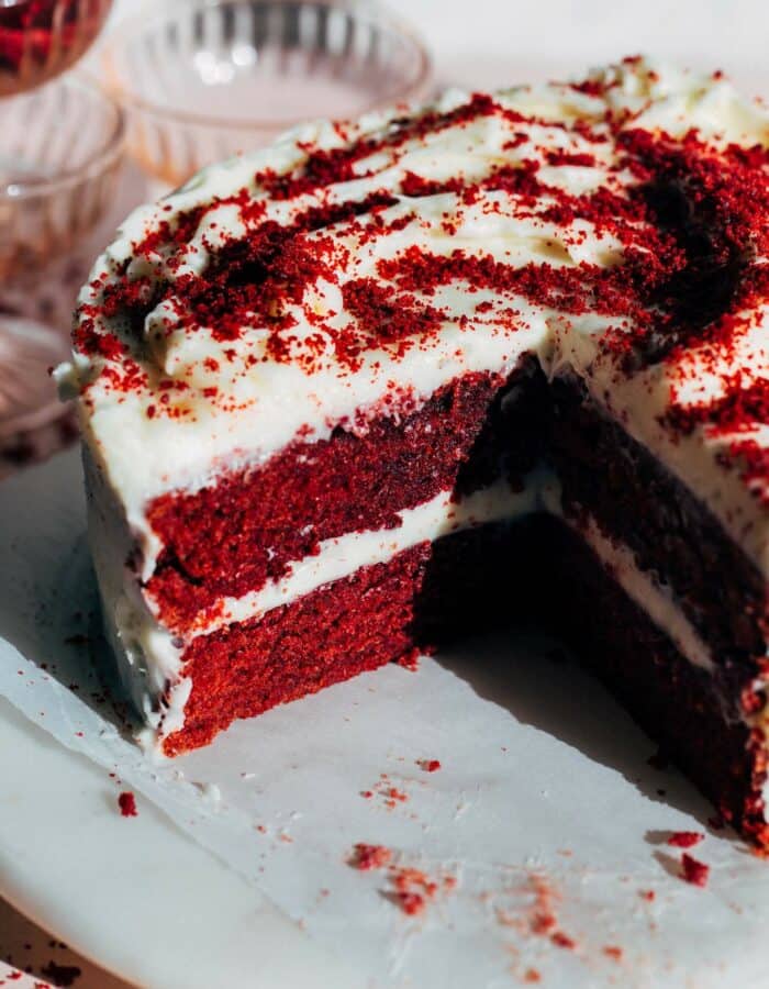 inside a sliced red velvet cake made without food dye