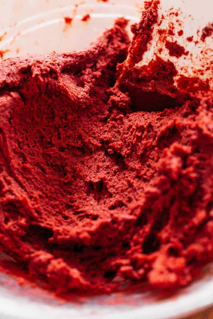 a bowl of red velvet cookie dough