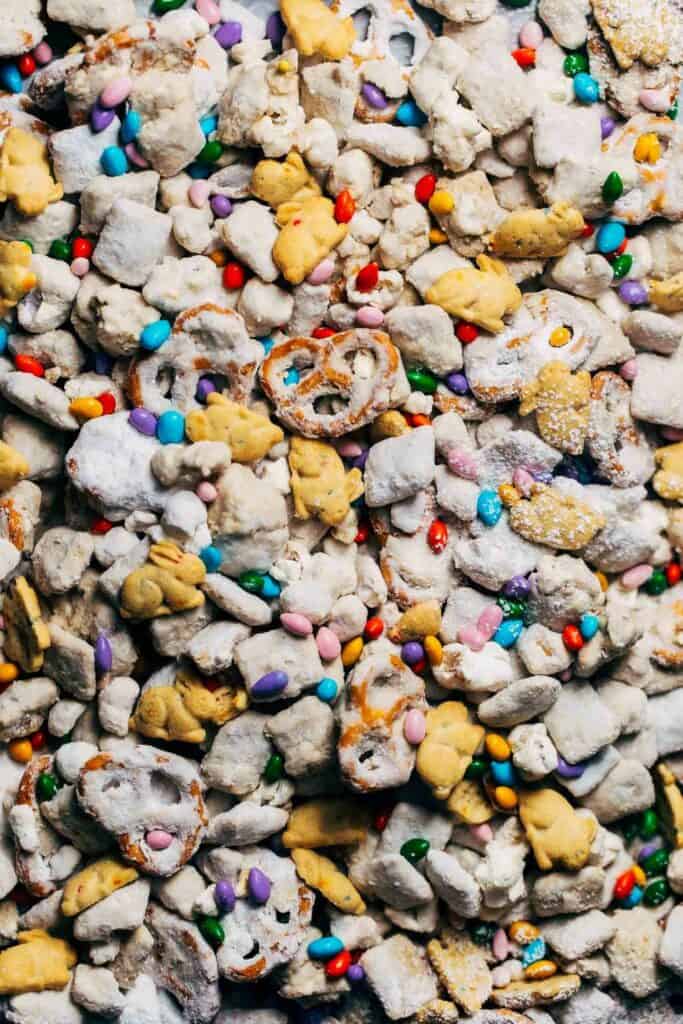 easter puppy chow on a large tray