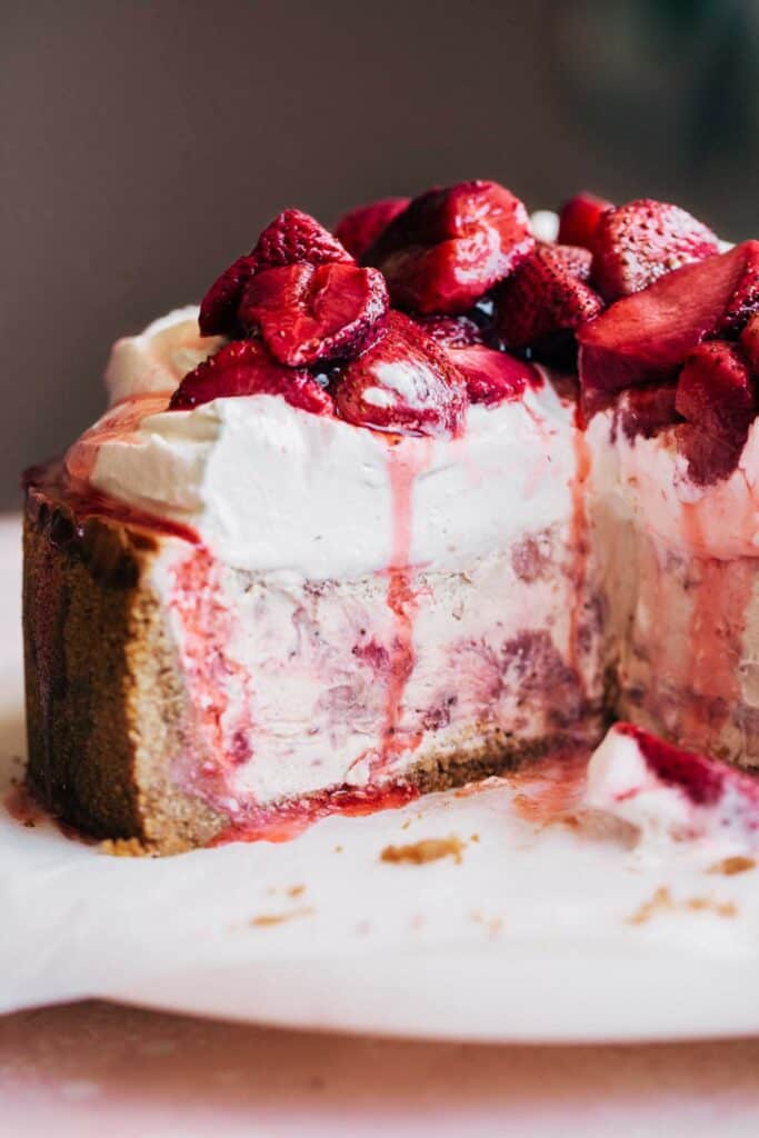 inside a sliced strawberry cheesecake