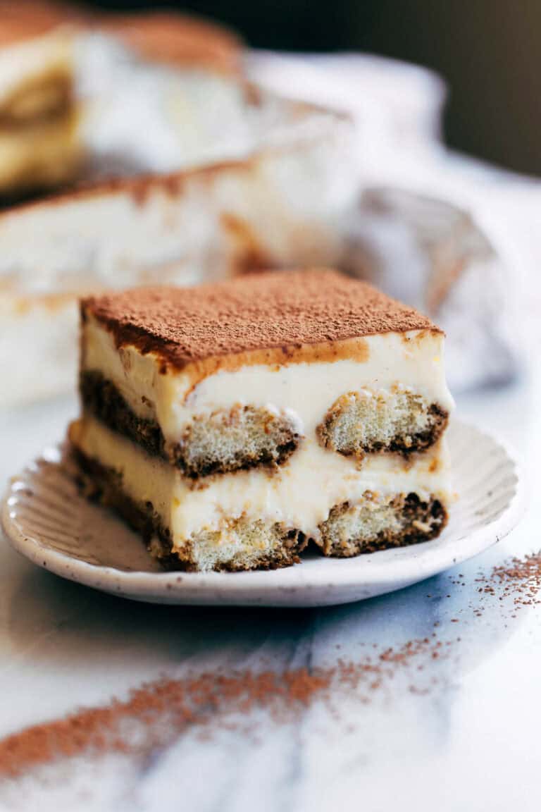 slice of tiramisu on a plate