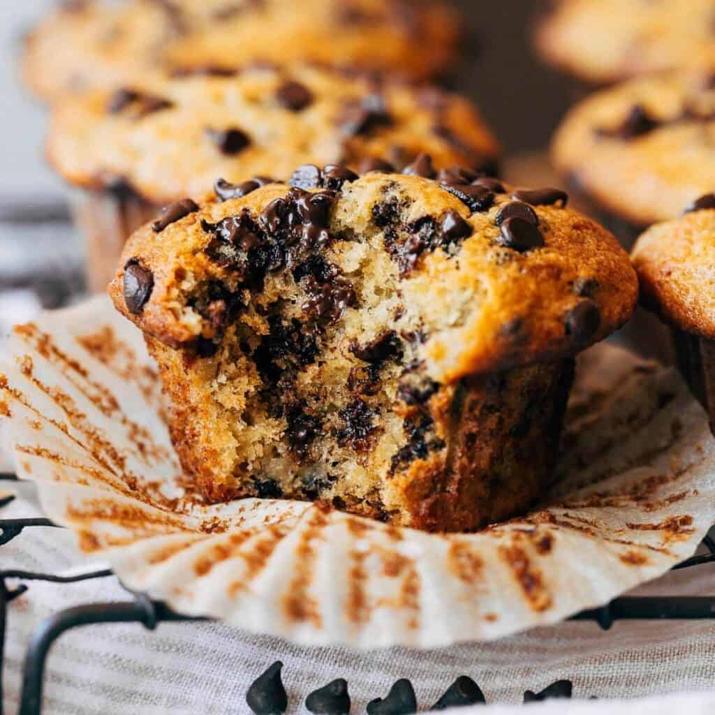 banana chocolate chip muffin with a bite taken out