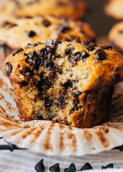 banana chocolate chip muffin with a bite taken out
