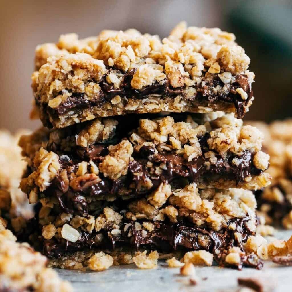 a stack of chocolate crumble bars