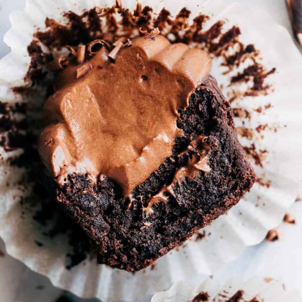 close up on the inside of a chocolate mousse cupcake
