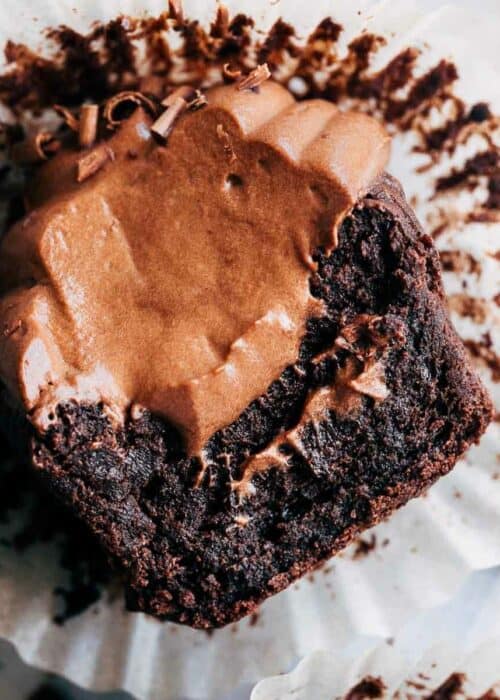close up on the inside of a chocolate mousse cupcake