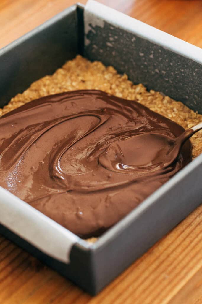 chocolate sunbutter spread on a layer of crumble