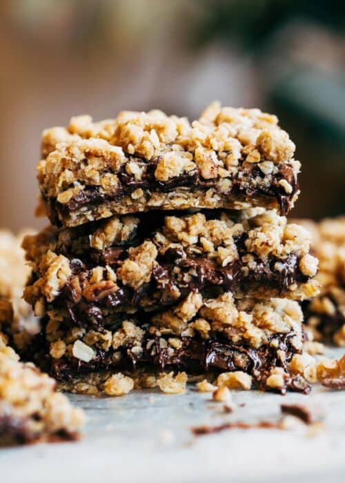 a stack of chocolate crumble bars