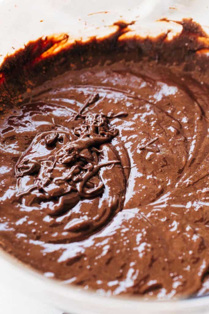 close up of flourless chocolate cake batter