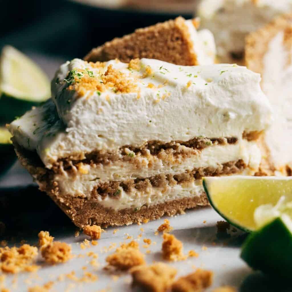 close up on a slice of key lime cookie pie