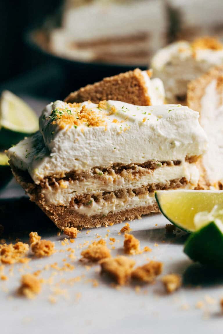 Inside a slice of key lime cookie pie