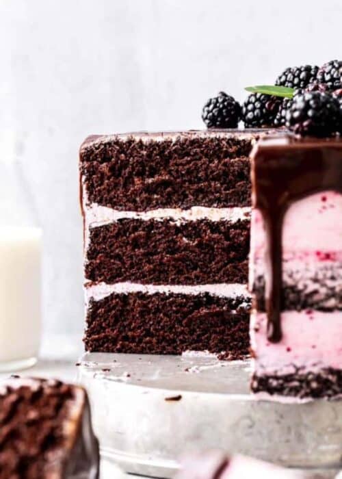 the inside slice of a blackberry chocolate cake
