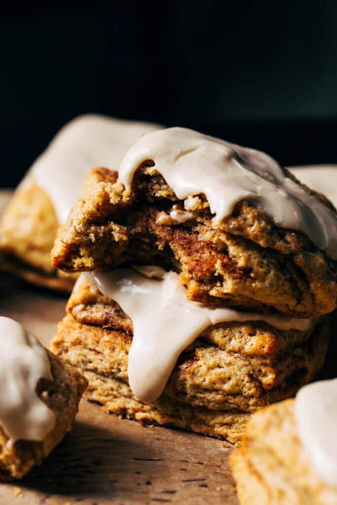 bite shot of layered chai spiced scone