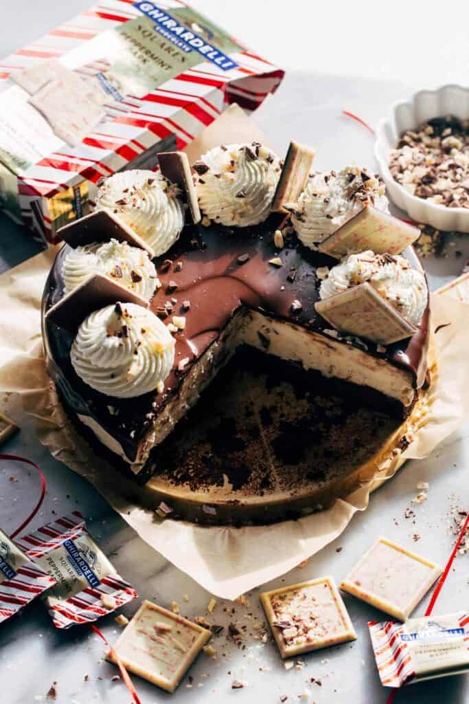 overhead shot of peppermint bark mousse cake